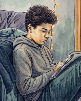 A boy sitting against his bed writing in a notebook.