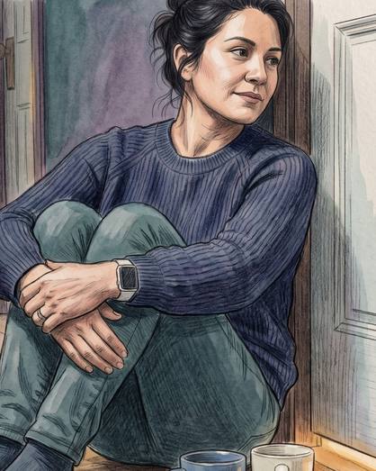 A mother sitting on the floor against a closed bedroom door with a mug of tea.
