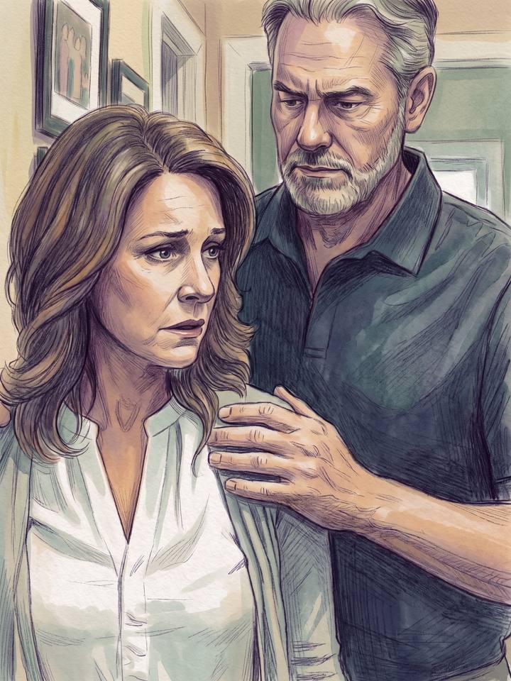 Two worried parents standing close together in a hallway outside their child&rsquo;s room.
