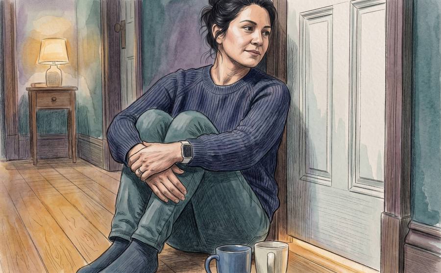 A mother sitting on the floor of a dim hallway outside a closed bedroom door