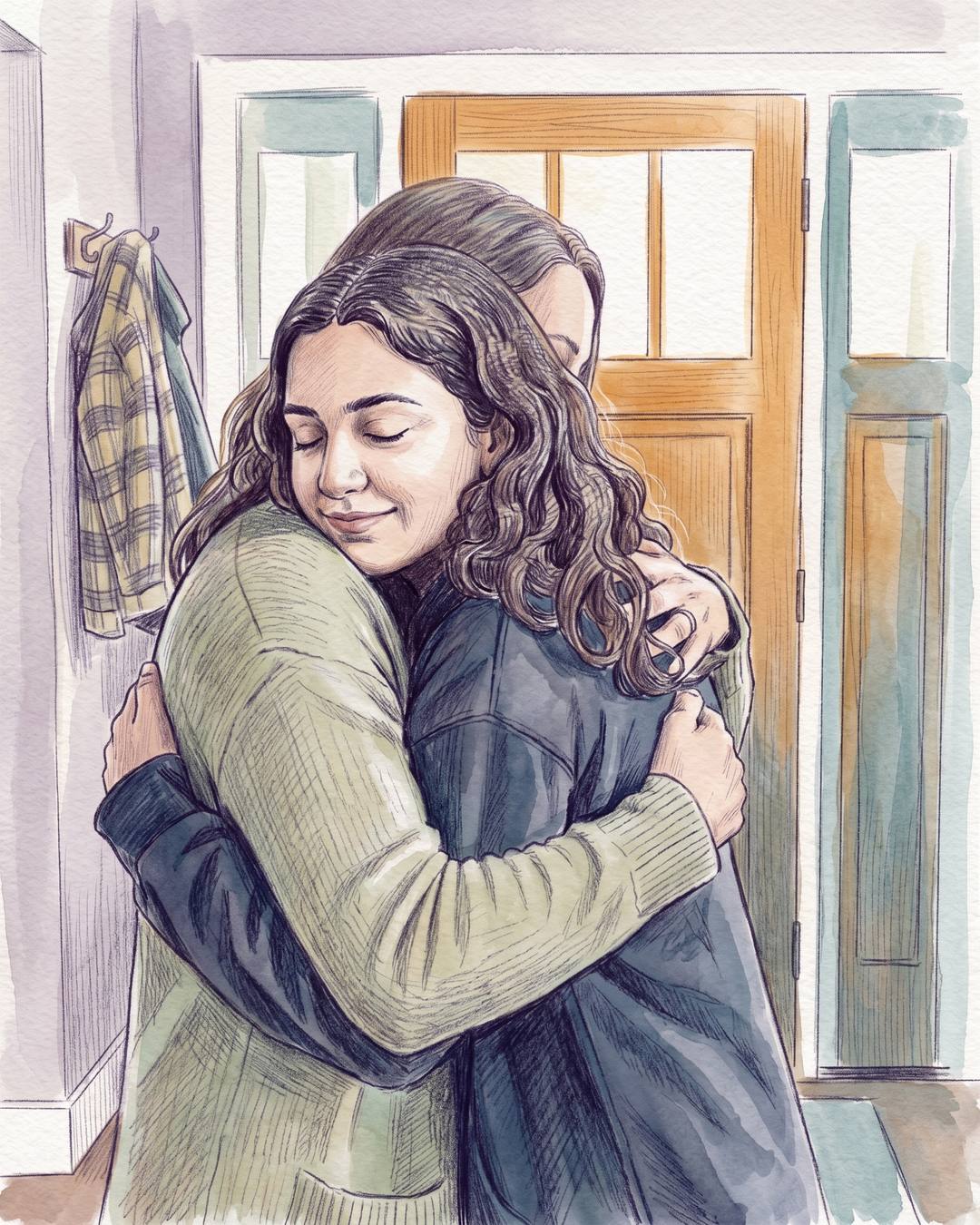 A mother and her teenage daughter holding each other in the hallway of their home