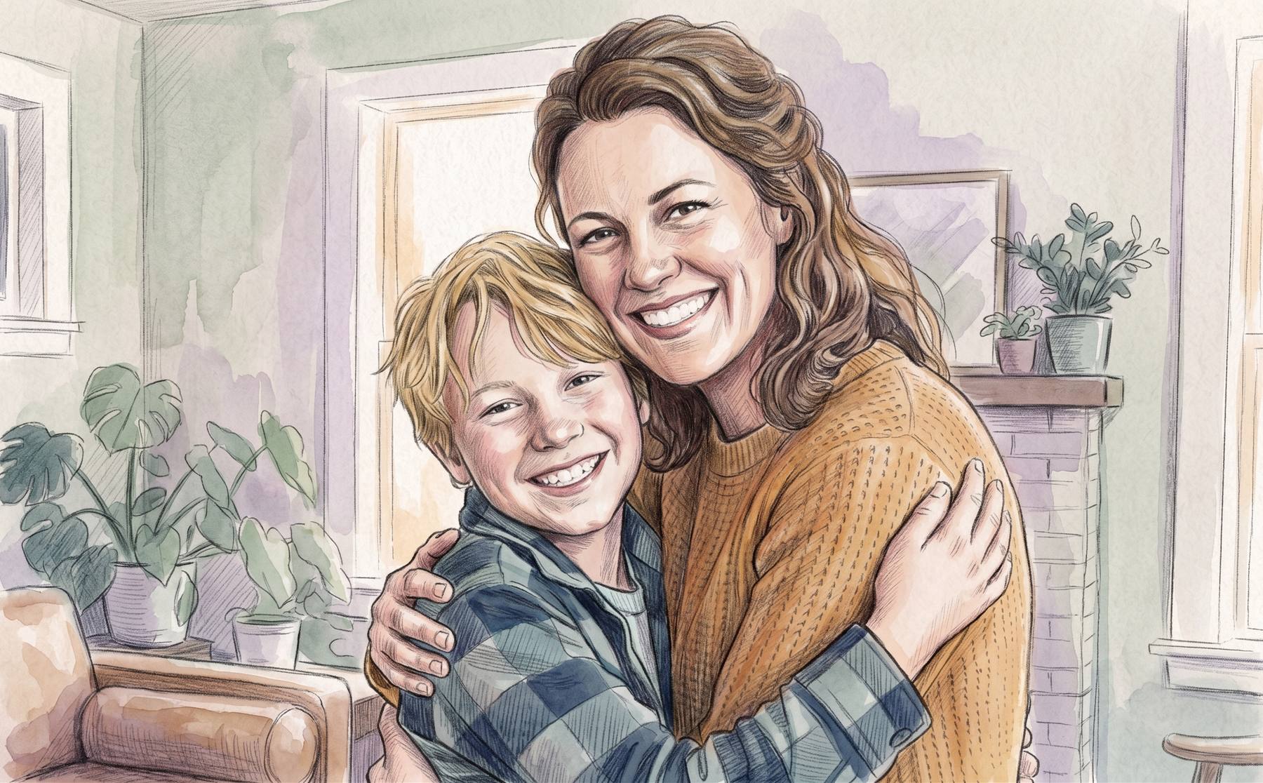 A mother and her son hugging and smiling together at home.