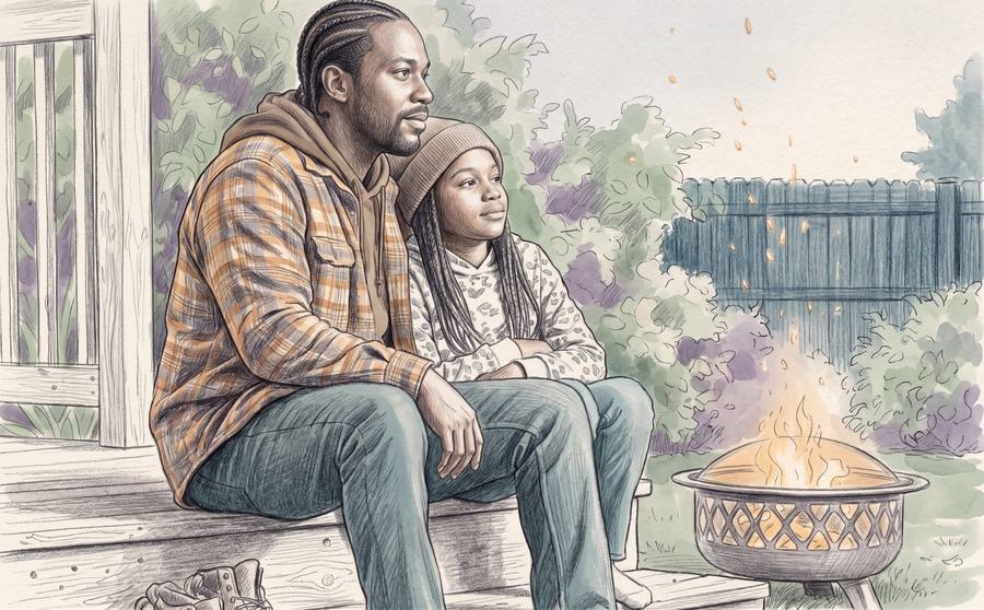 A father and daughter sitting side by side on porch steps in the evening, watching a fire pit.