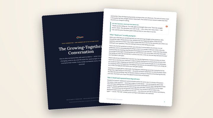 The cover of The Growing-Together Conversation beside page 6, which opens with script S1, the first sentence to say whatever your child brings you