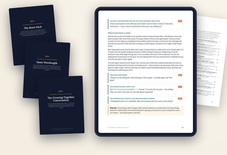 What you get in Stay Connected: the covers of The Growing-Together Conversation, Same Wavelength and The Reset Pack, beside a tablet open to page 64, where scripts S100 to S103 give the words for repairing a conversation that went wrong