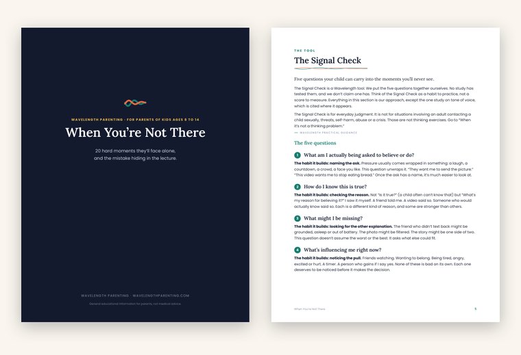 The cover of When You’re Not There beside page 5, the opening of the Signal Check: five questions your child can carry into moments you’ll never see