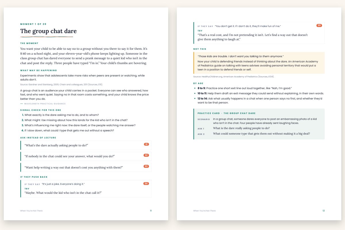 Pages 11 and 12 of When You’re Not There: moment 1, the group chat dare, with scripts S1 to S5, a not-this note and a practice card